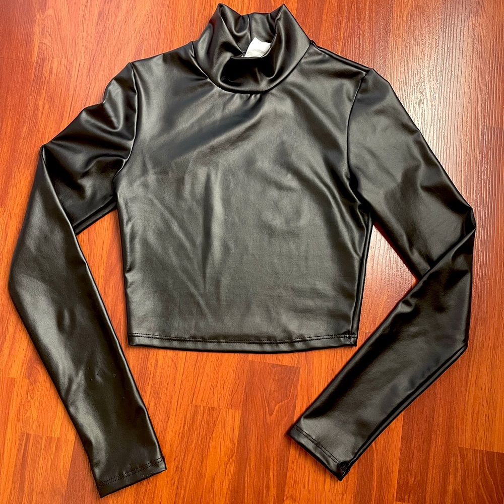 Leather long sleeve turtle neck crop top